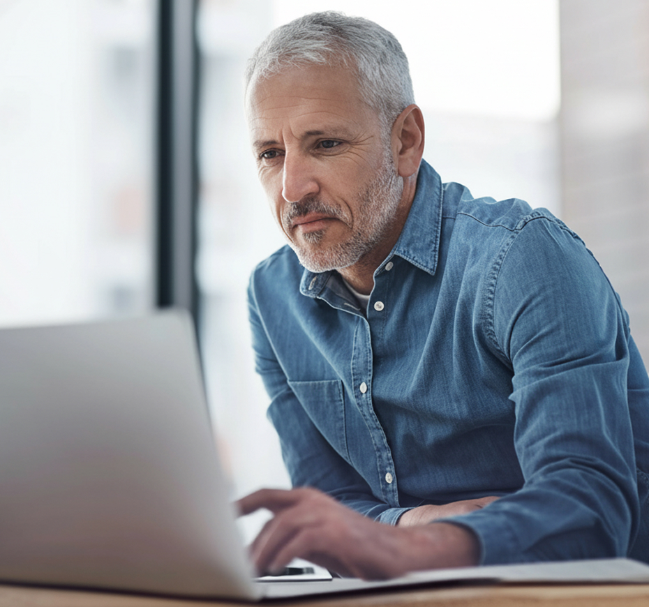 Professional man using a laptop to browse online CPE webinar sessions